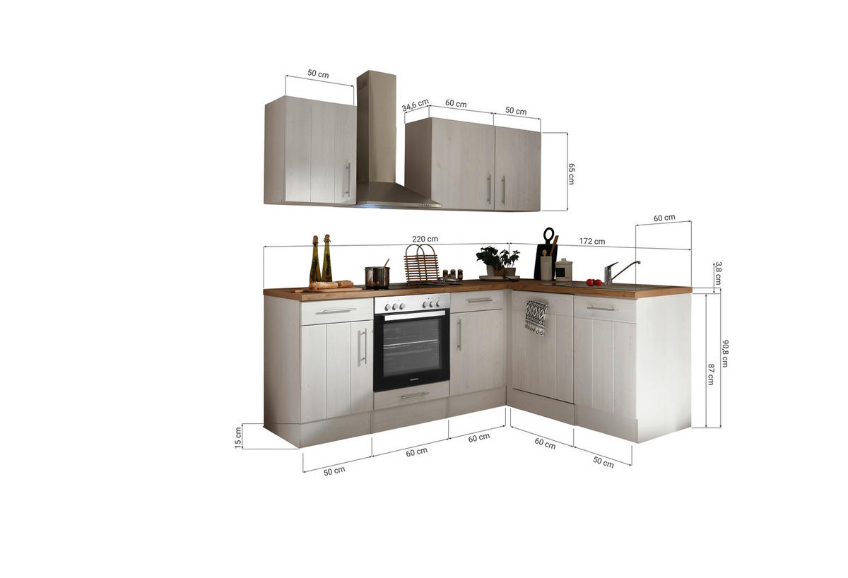 Eckküche Anton Landhaus 220/172 cm  in Weiß, Lärchefarben  - Wildeiche/Edelstahlfarben, Basics, Holzwerkstoff/Metall (220/172cm) - Respekta