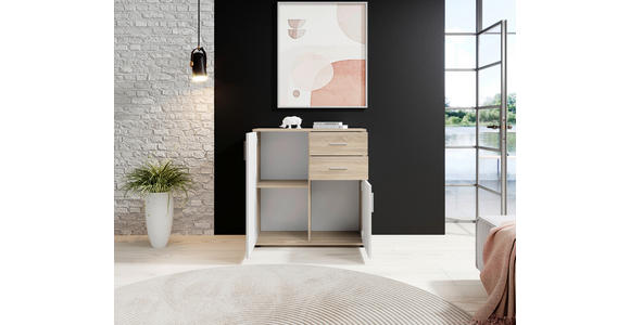 KOMMODE 80/82/35 cm in Weiß, Sonoma Eiche - Silberfarben/Schwarz, KONVENTIONELL, Holzwerkstoff/Kunststoff (80/82/35cm) - Carryhome