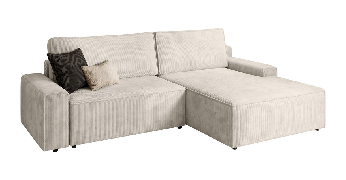 ECKSCHLAFSOFA CHALLANGE  mit Schlafen auf Sitzhöhe, Rücken echt, Armteil links, Armteil rechts Cord Creme  - Creme/Schwarz, MODERN, Kunststoff/Textil (246/168cm) - Trendmanufaktur