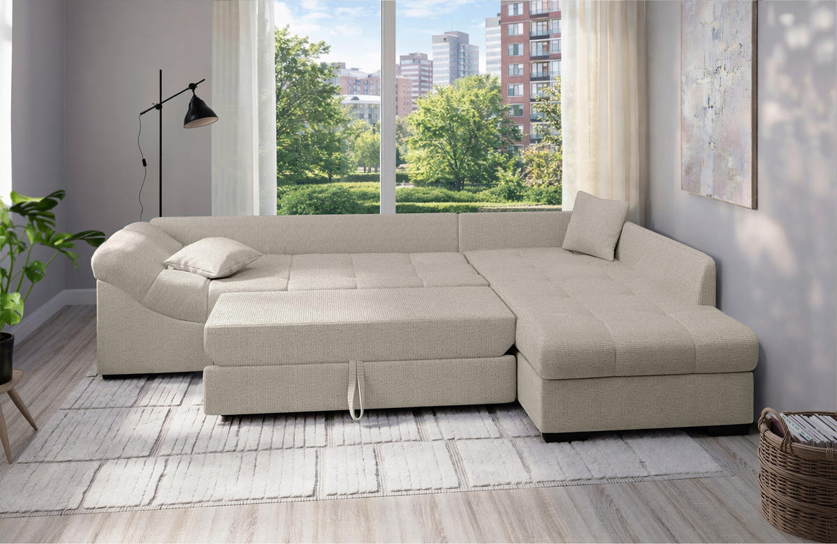 ECKSCHLAFSOFA in Beige Textil   - Beige/Schwarz, Modern, Holz/Textil (298/202cm) - MID.YOU