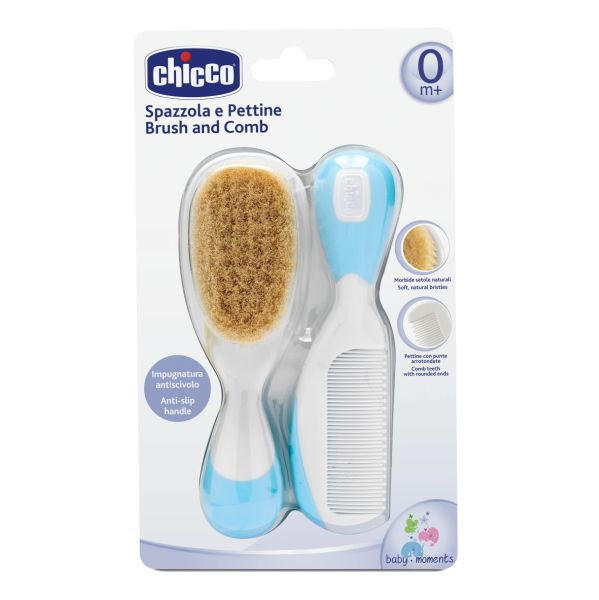 ČEŠALJ I ČETKA ZA BEBE   - bijela/svijetlo plava, Basics, plastika/prirodni materijali (5/14cm) - Chicco