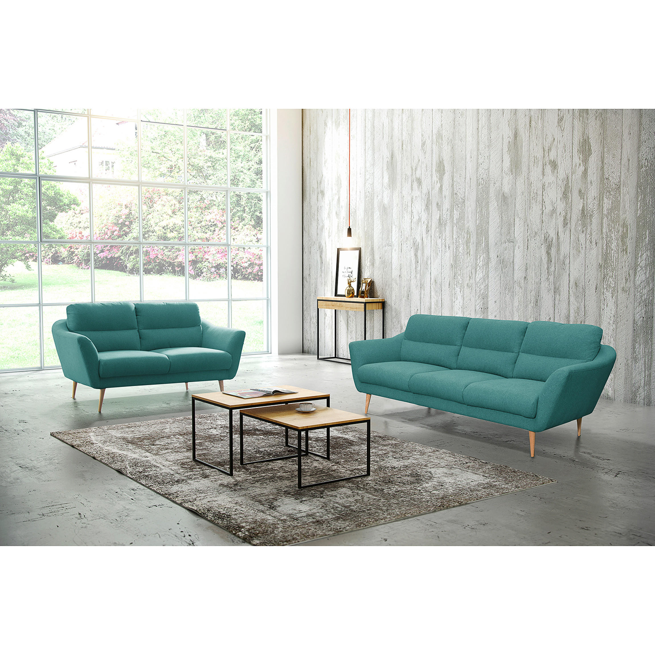 3-SITZER-SOFA in Webstoff Türkis  - Türkis/Buchefarben, Design, Holz/Textil (209/87/88cm) - Livetastic