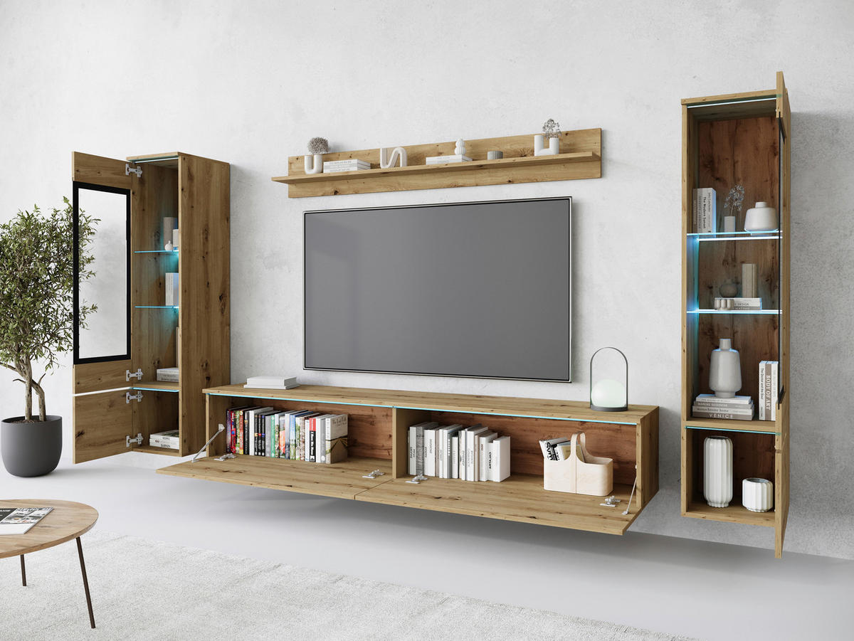 WOHNWAND 4-teilig  in Eiche Artisan 240/130/33 cm  - Eiche Artisan/Grau, Basics, Glas/Holzwerkstoff (240/130/33cm) - Livetastic