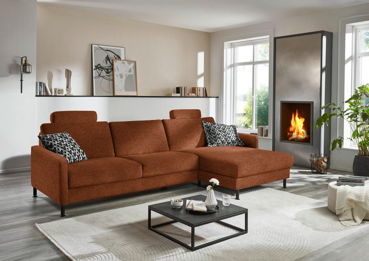 ECKSOFA Chenille, Flachgewebe Rostfarben  - Rostfarben/Schwarz, Design, Textil/Metall (316/175cm) - Dieter Knoll