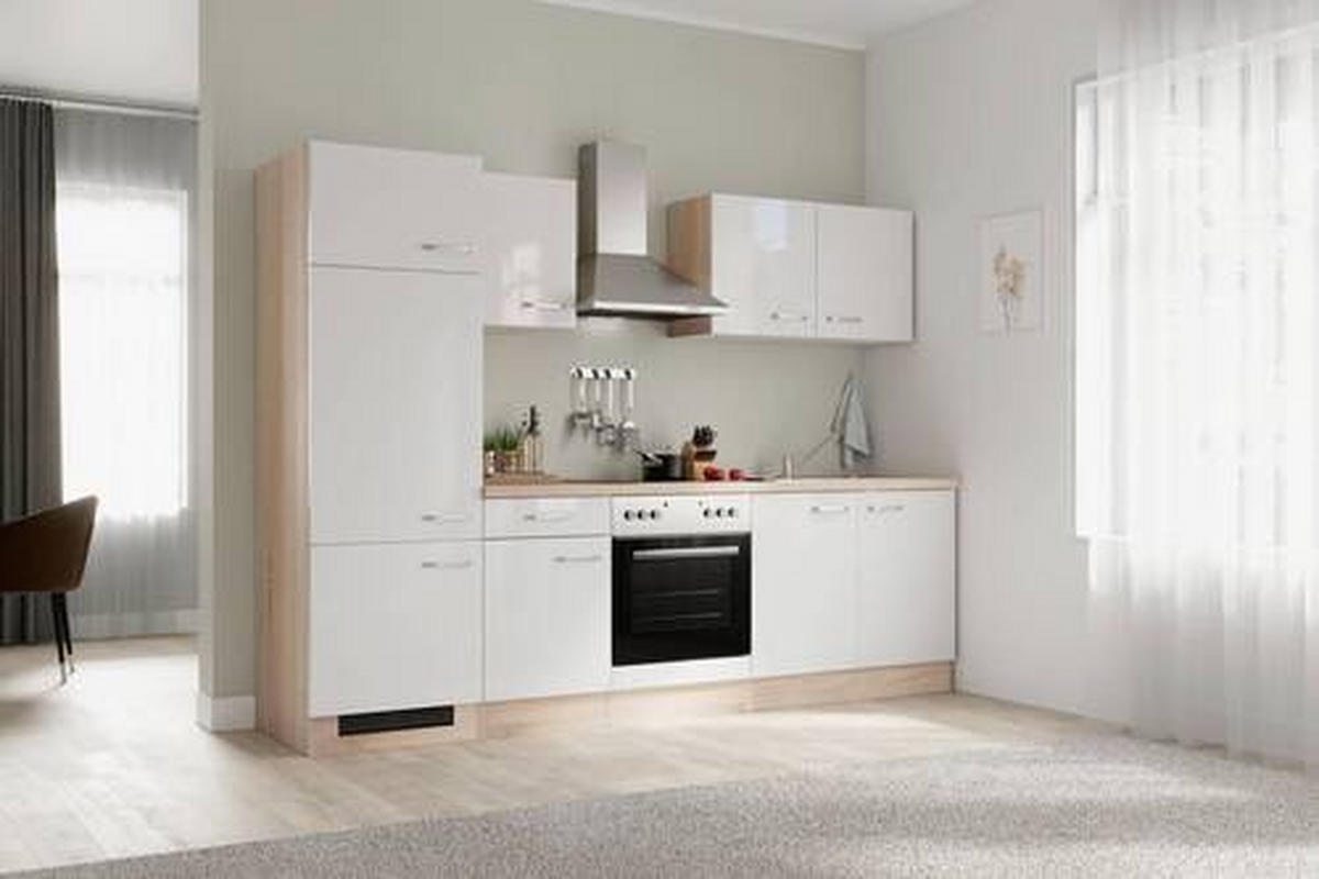 KUCHYNSKÁ LINKA VALERO 270 - biela s vysokým leskom/farba ušľachtilej ocele, Modern, kov/kompozitné drevo (270cm) - FlexWell