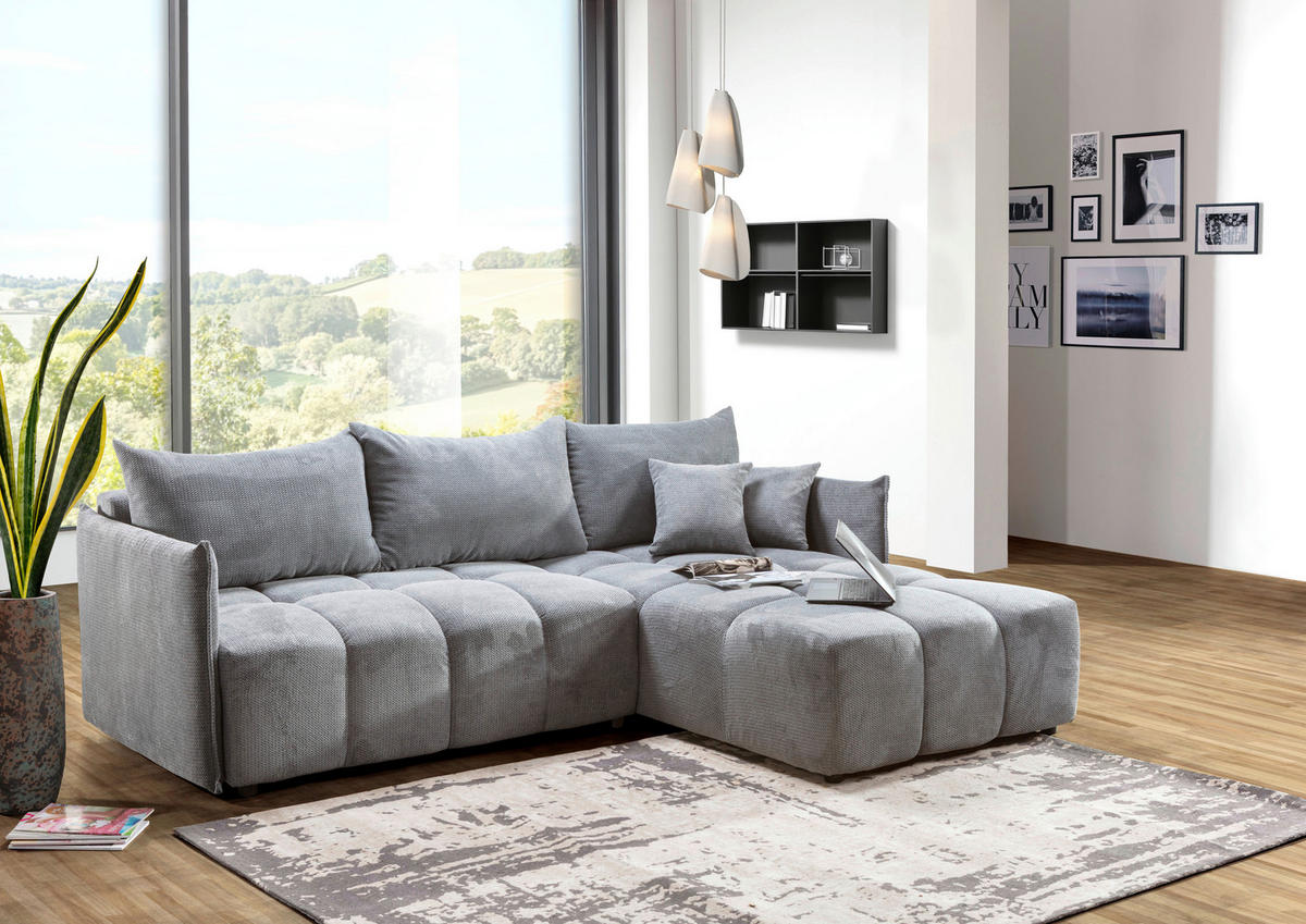 ECKSOFA Grau Plüsch Zierkissen, Rückenkissen, Bettkasten, Schlaffunktion, Rücken echt, Liegefläche im Originalstoff  - Schwarz/Grau, KONVENTIONELL, Kunststoff/Textil (253/192cm) - Carryhome