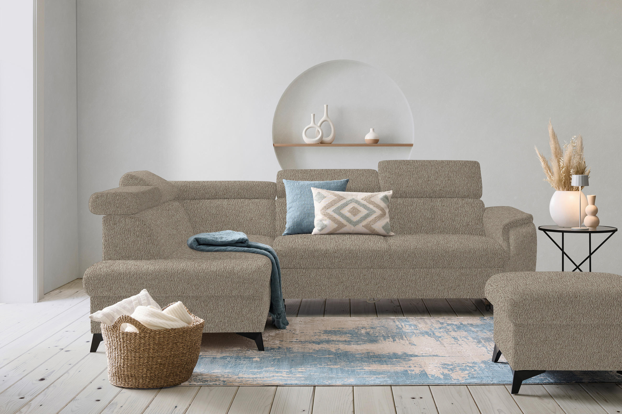 ECKSOFA in Teddystoff Greige  - Greige/Schwarz, Design, Textil/Metall (203/260cm) - Stylife