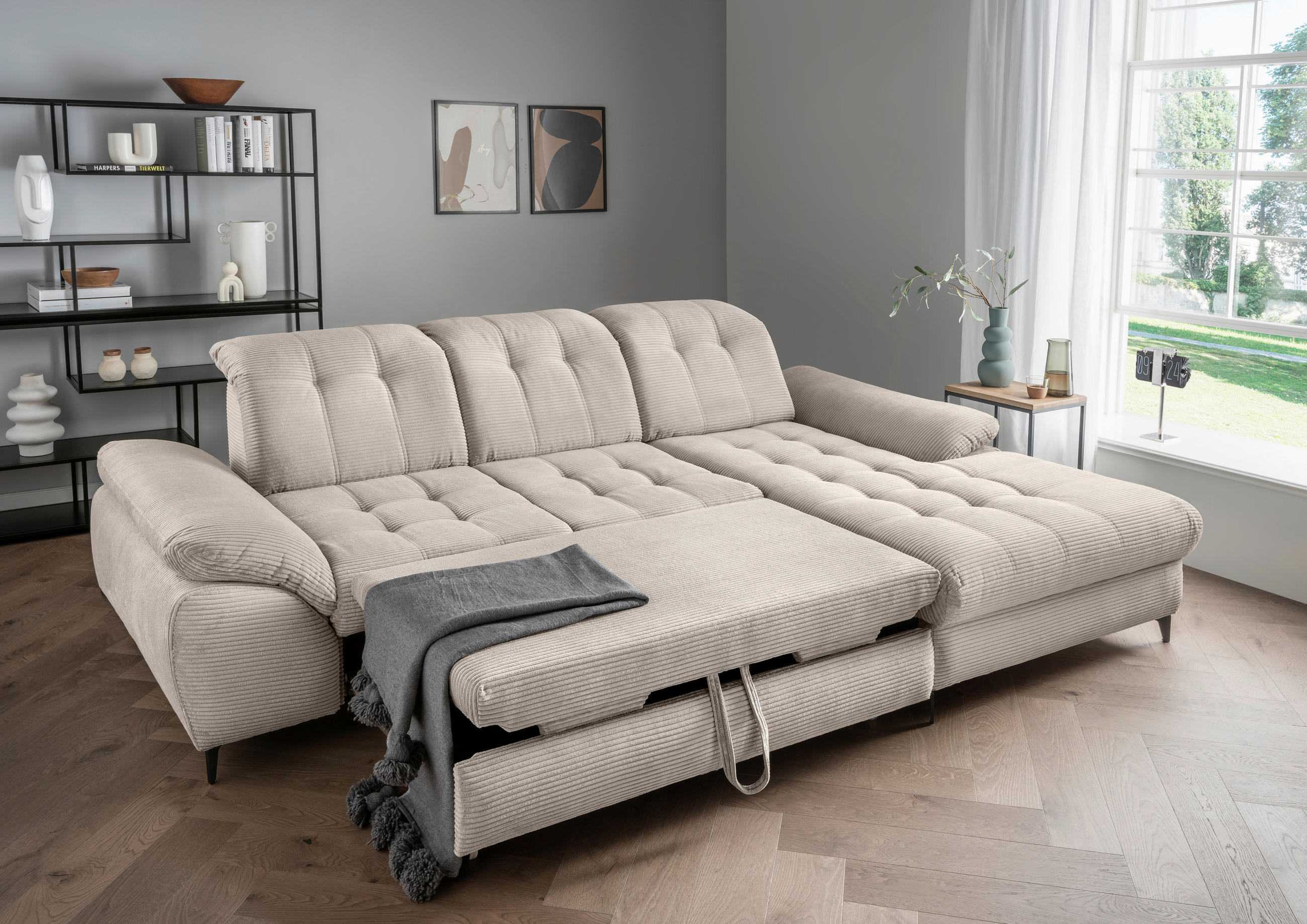 ECKSCHLAFSOFA in Cord Beige  - Beige/Schwarz, Modern, Textil/Metall (273/189cm) - Livetastic