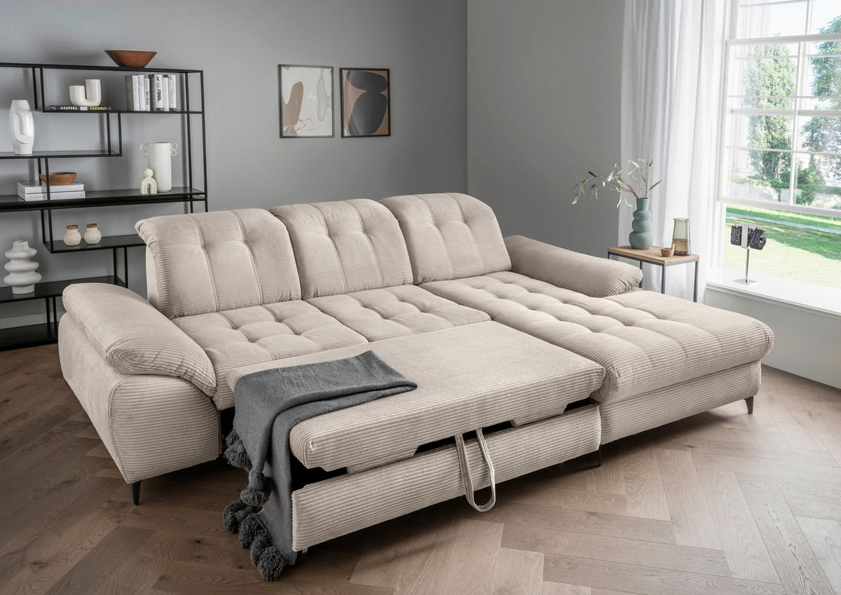 ECKSCHLAFSOFA in Cord Beige  - Beige/Schwarz, Modern, Textil/Metall (273/189cm) - Livetastic