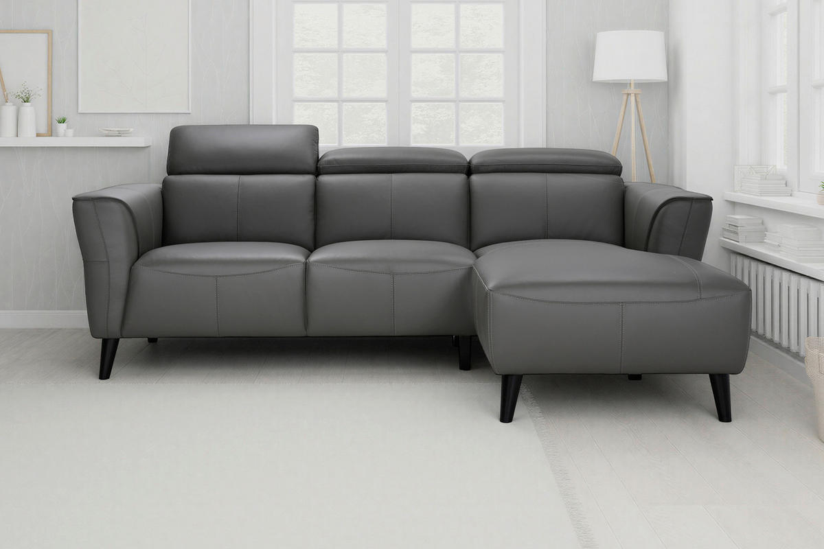 ECKSOFA  in Echtleder Grau  223/173 cm  - Schwarz/Grau, KONVENTIONELL, Leder (223/173cm) - MID.YOU