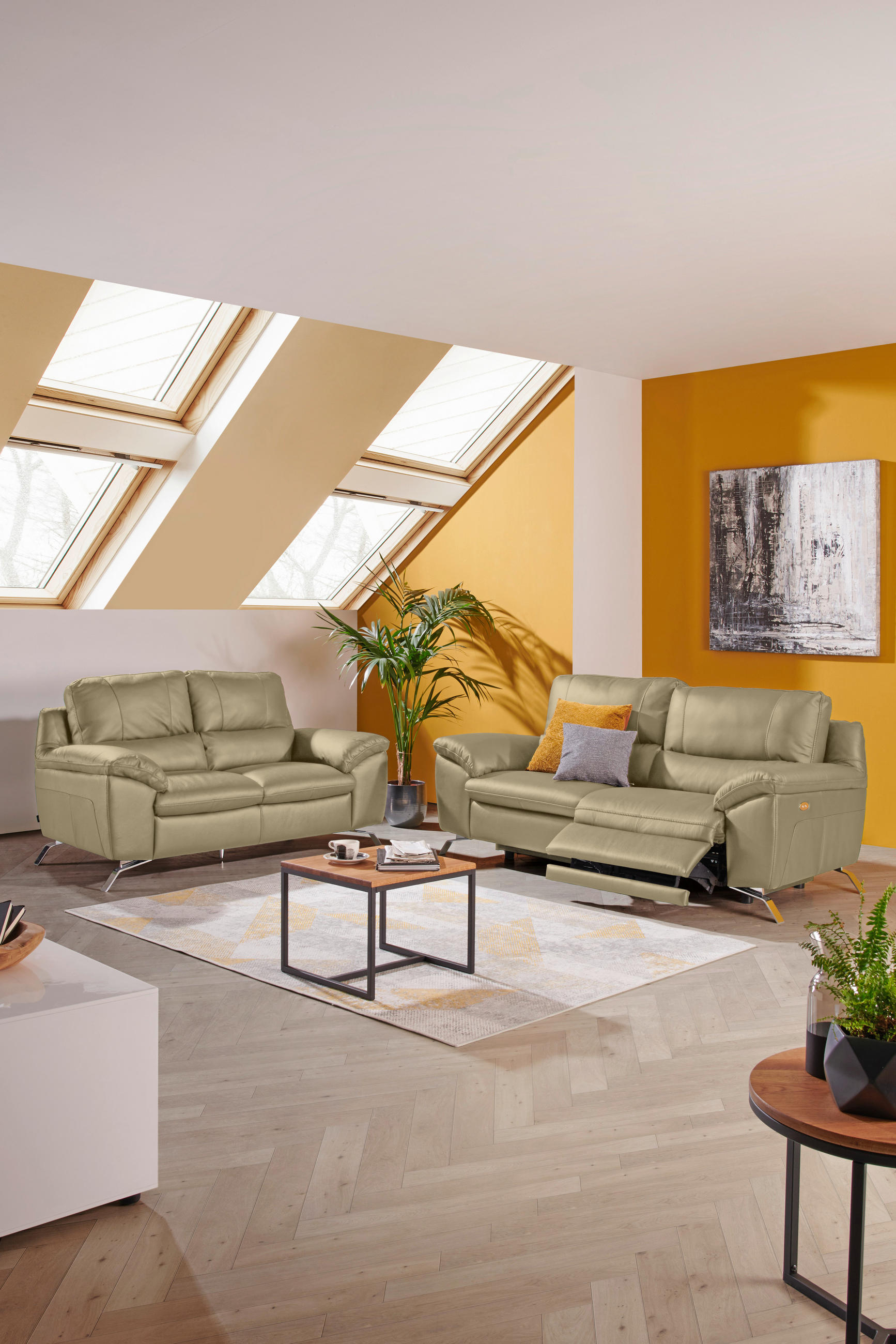 Thumbnail - Livetastic 2,5-Sitzer, Greige, Leder, Kombination Echtleder/Lederlook, Semi-Anilinleder, 211x97x95 cm, Made in EU, Wohnz...