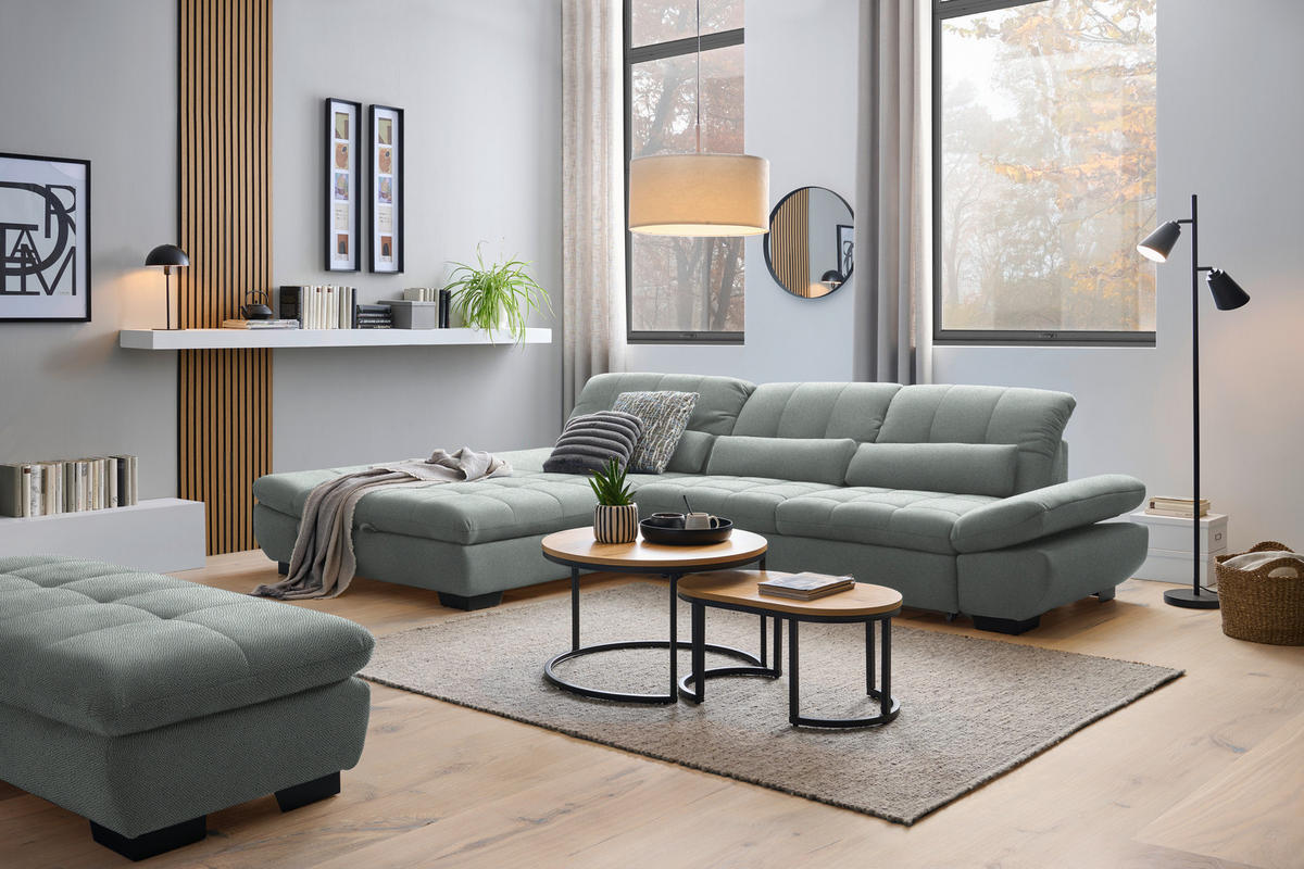 ECKSOFA Flachgewebe Mintgrau  - Mintgrau/Schwarz, Design, Textil/Metall (204/341cm) - Xora