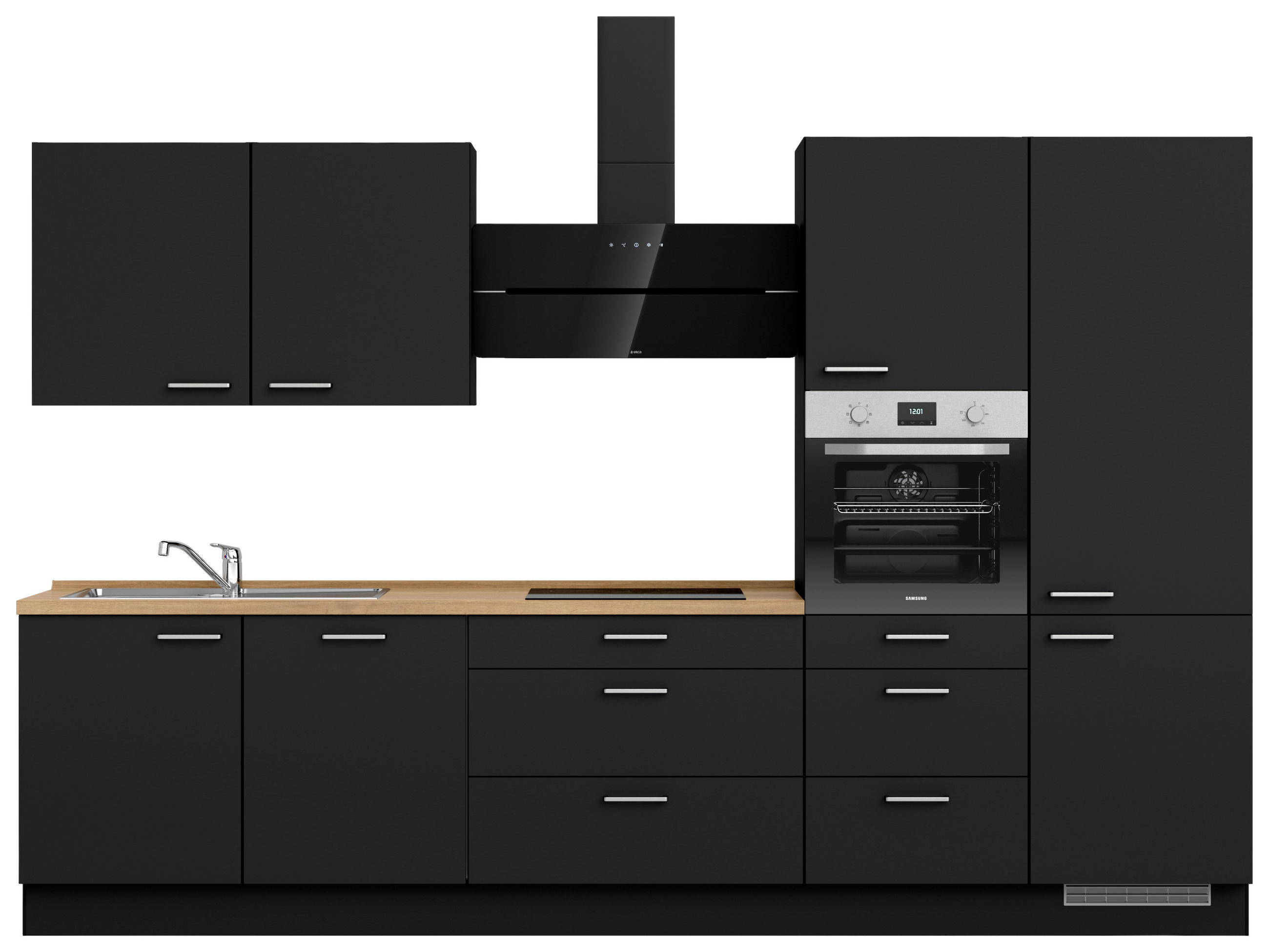 KÜCHENBLOCK 330 cm   in Schwarz, Eichefarben  - Edelstahlfarben/Eichefarben, MODERN, Holzwerkstoff/Metall (330cm) - Nobilia