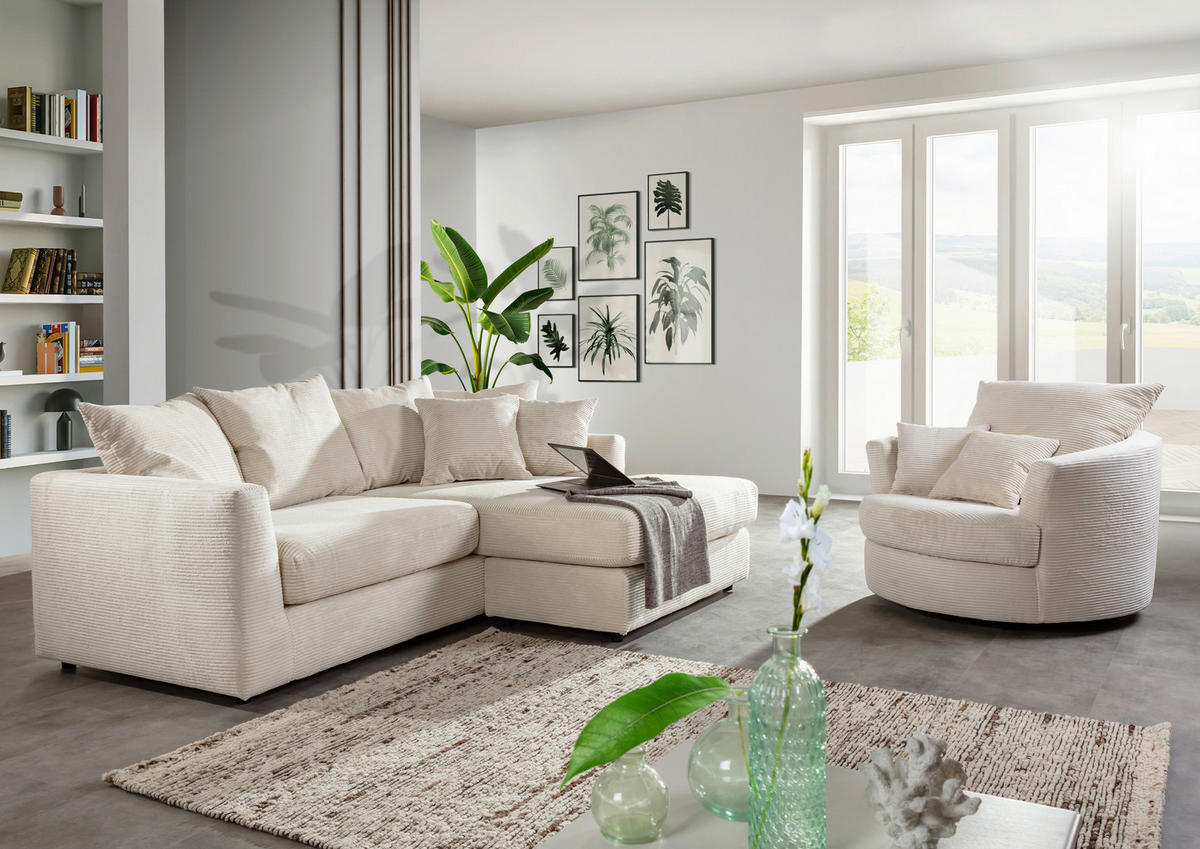 ECKSOFA Cord Naturfarben  - Schwarz/Naturfarben, Design, Kunststoff/Textil (235/175cm) - home24