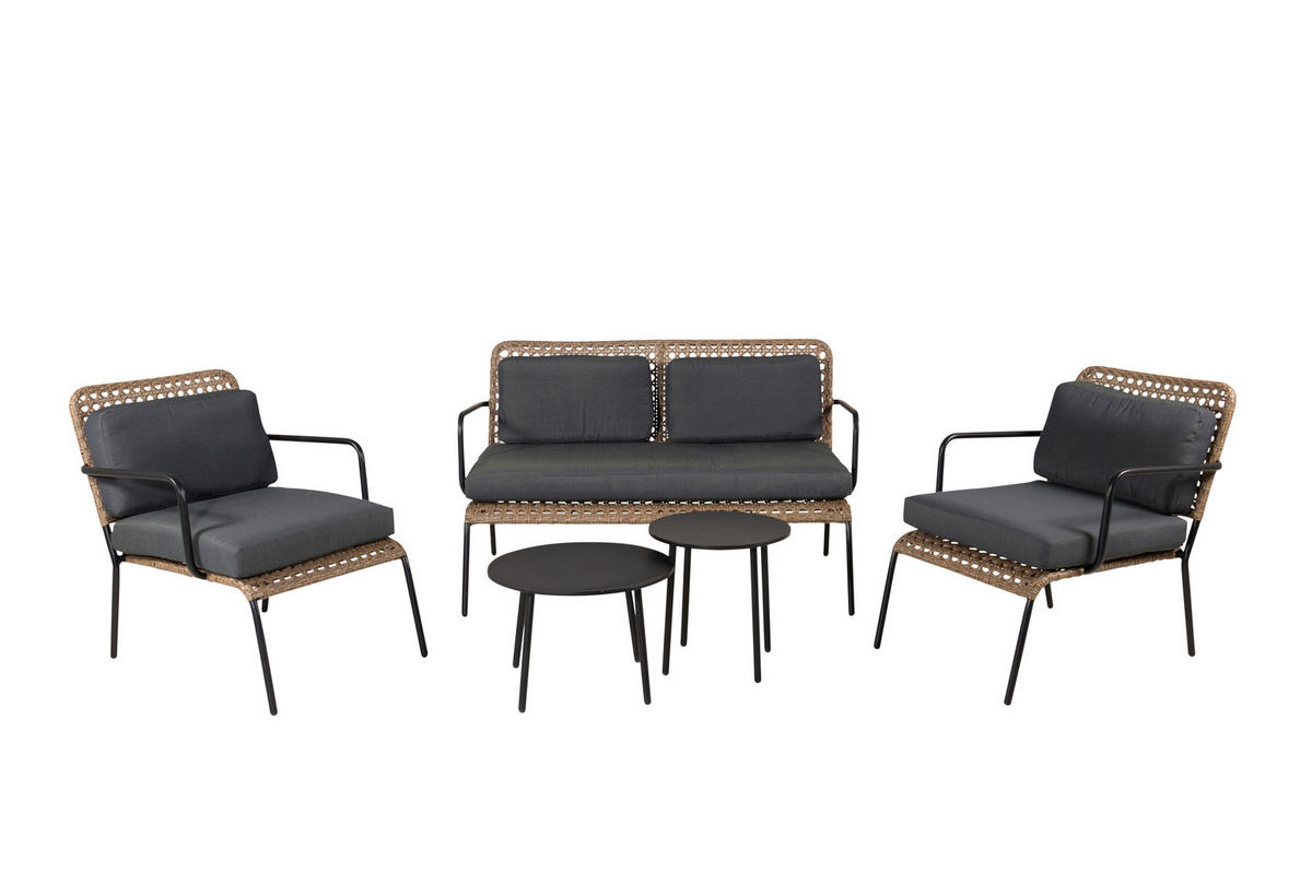LOUNGEGARNITUR   Rattan Stahl  - Dunkelgrau/Schwarz, KONVENTIONELL, Naturmaterialien/Holz - Gardenson