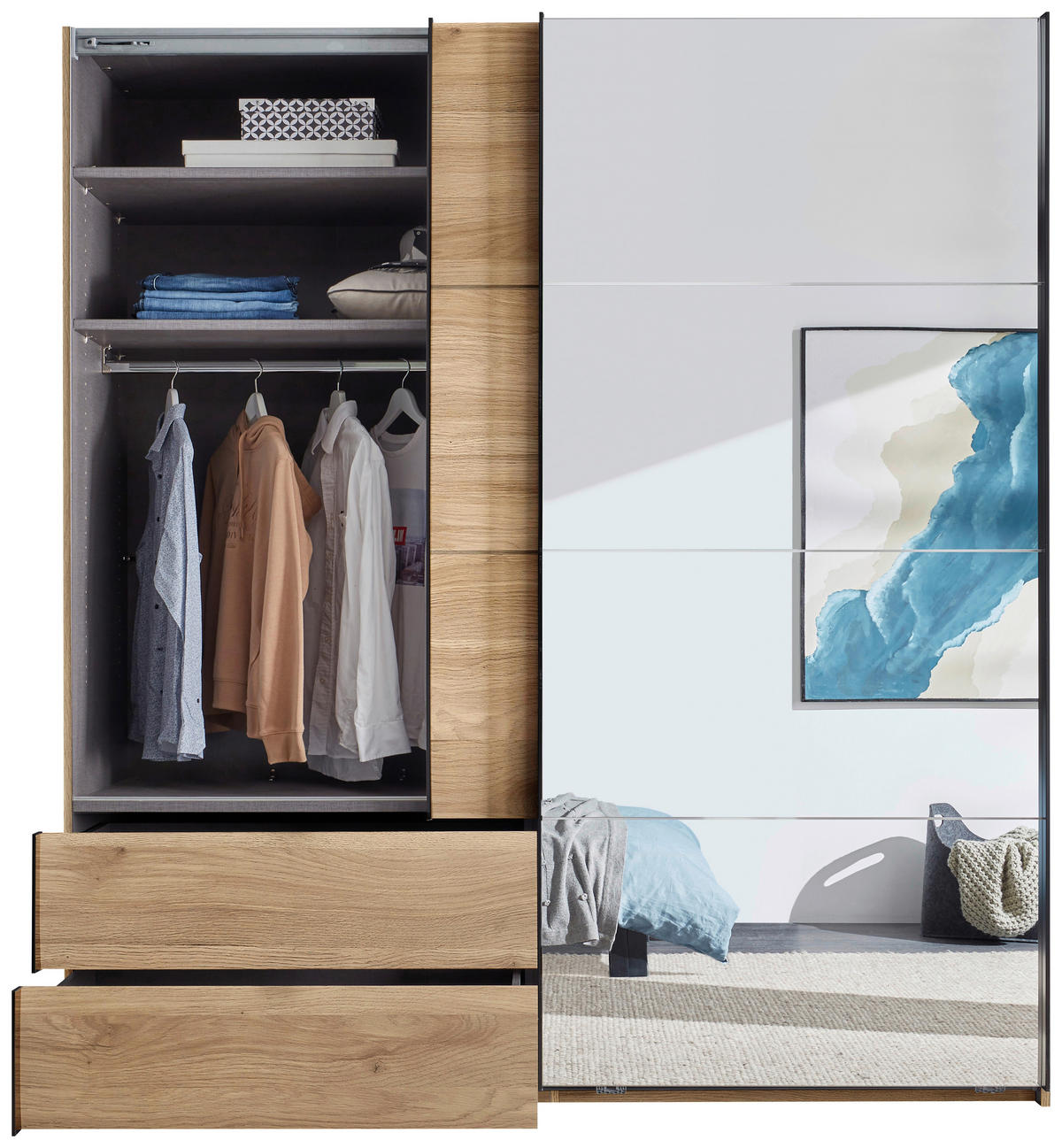 SCHWEBETÜRENSCHRANK Eichefarben  - Eichefarben/Schwarz, Modern, Glas/Holzwerkstoff (215/225,5/60,5cm) - Xora