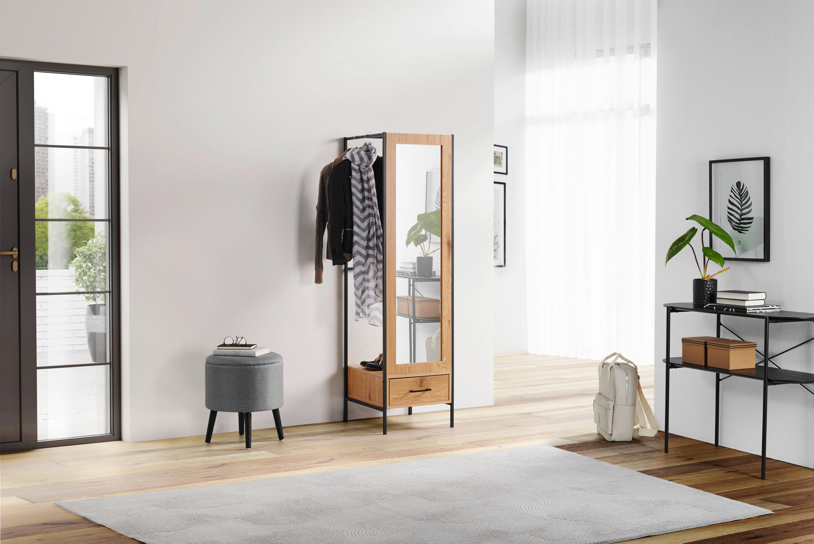 DULAP PENTRU HOL 44,5/165/50 cm - culoare natur/negru, Design, sticlă/metal (44,5/165/50cm) - MID.YOU