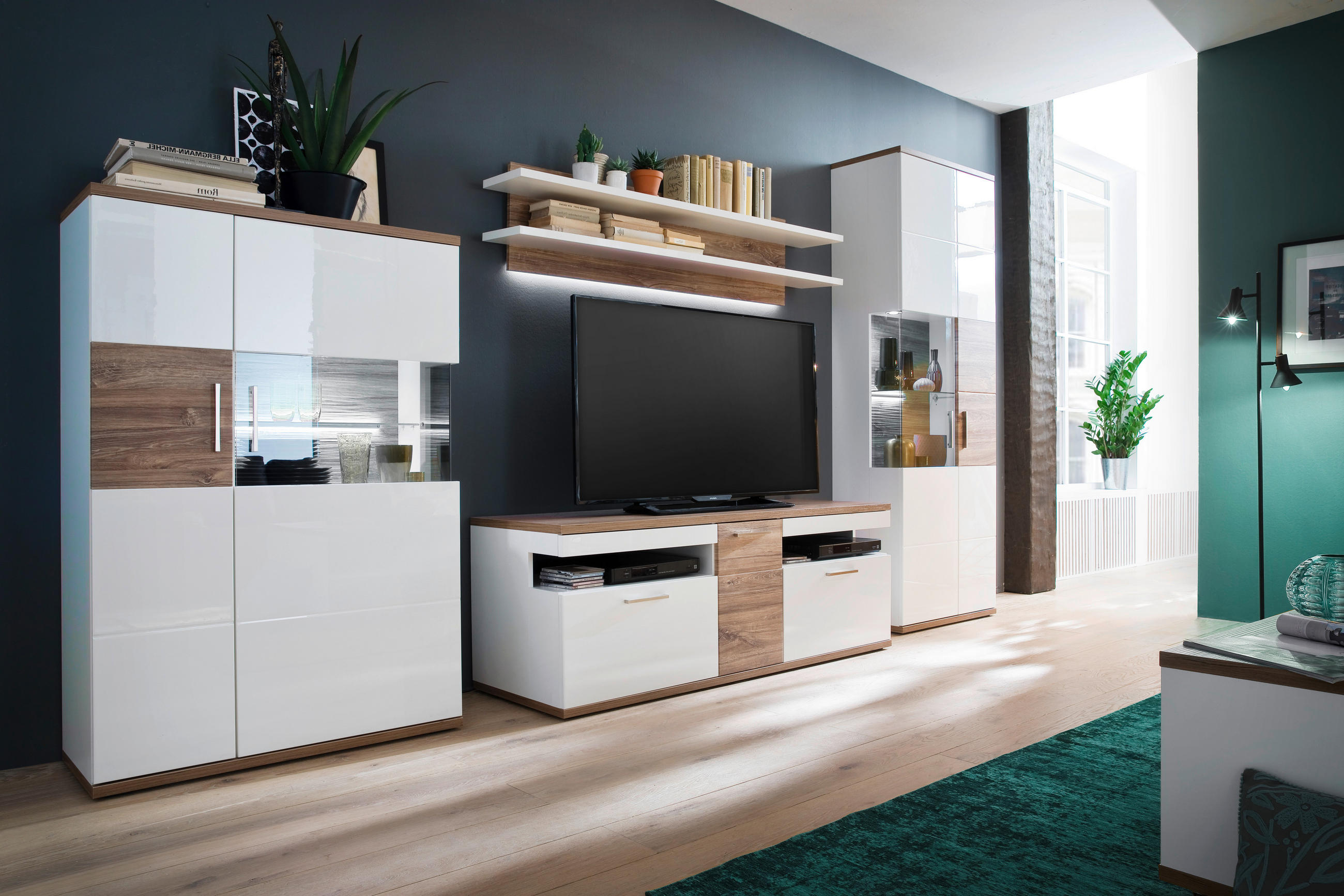WOHNWAND  in Weiß, Eichefarben  330/199/50 cm  - Eichefarben/Weiß, Design, Glas/Holzwerkstoff (330/199/50cm) - Livetastic