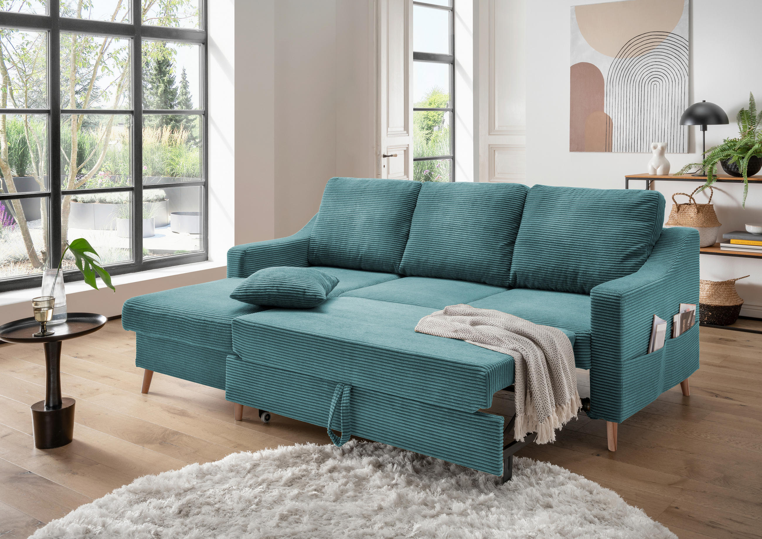 ECKSOFA Petrol Cord  - Petrol/Naturfarben, Design, Holz/Textil (150/228cm) - P & B