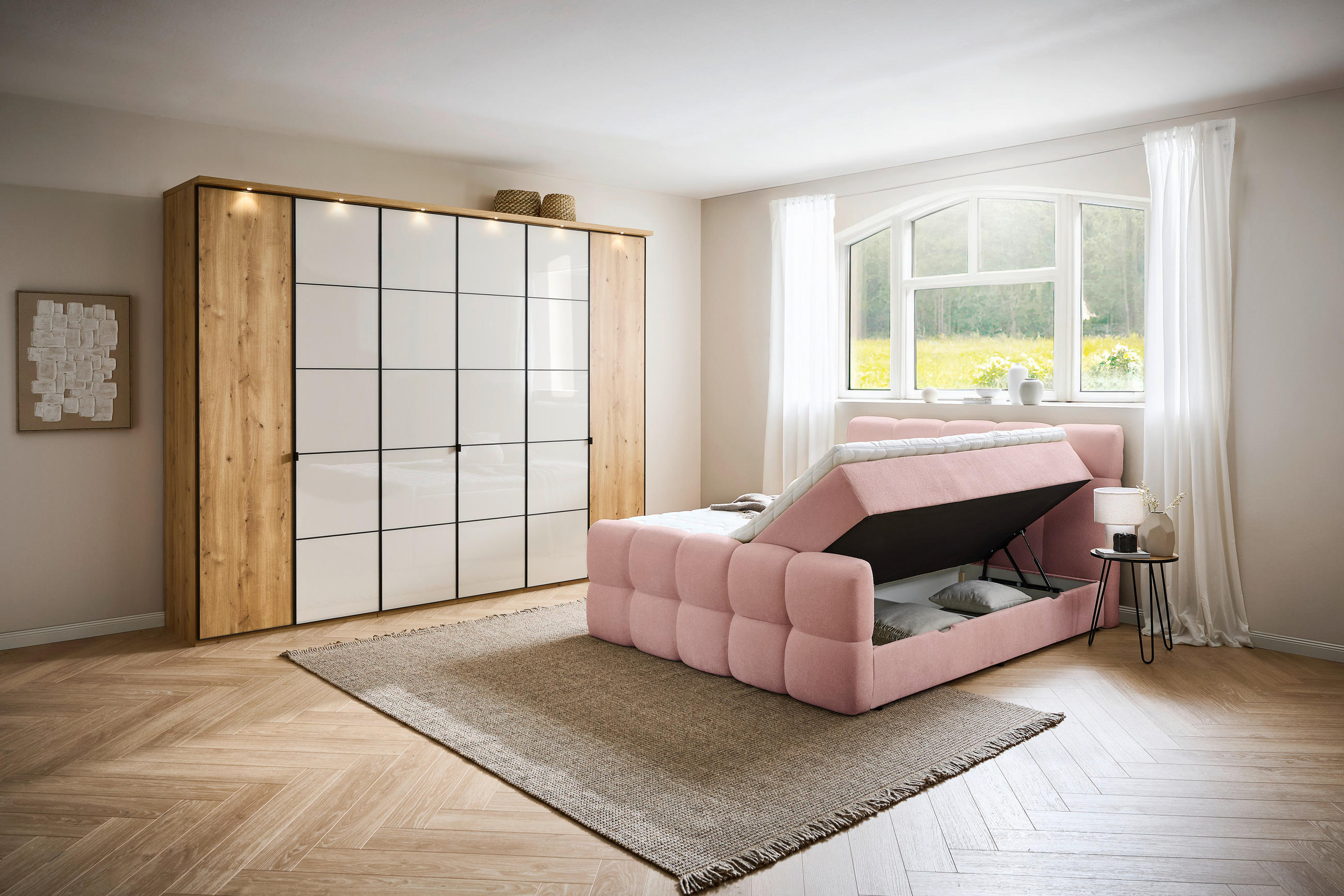 Thumbnail - Moderano Boxbett, Rosa, Textil, H3, 5-Zonen, Höhe ca. 24 cm, 180x200 cm, gepolstertes Kopfteil, Topper durchgehend, Härt...