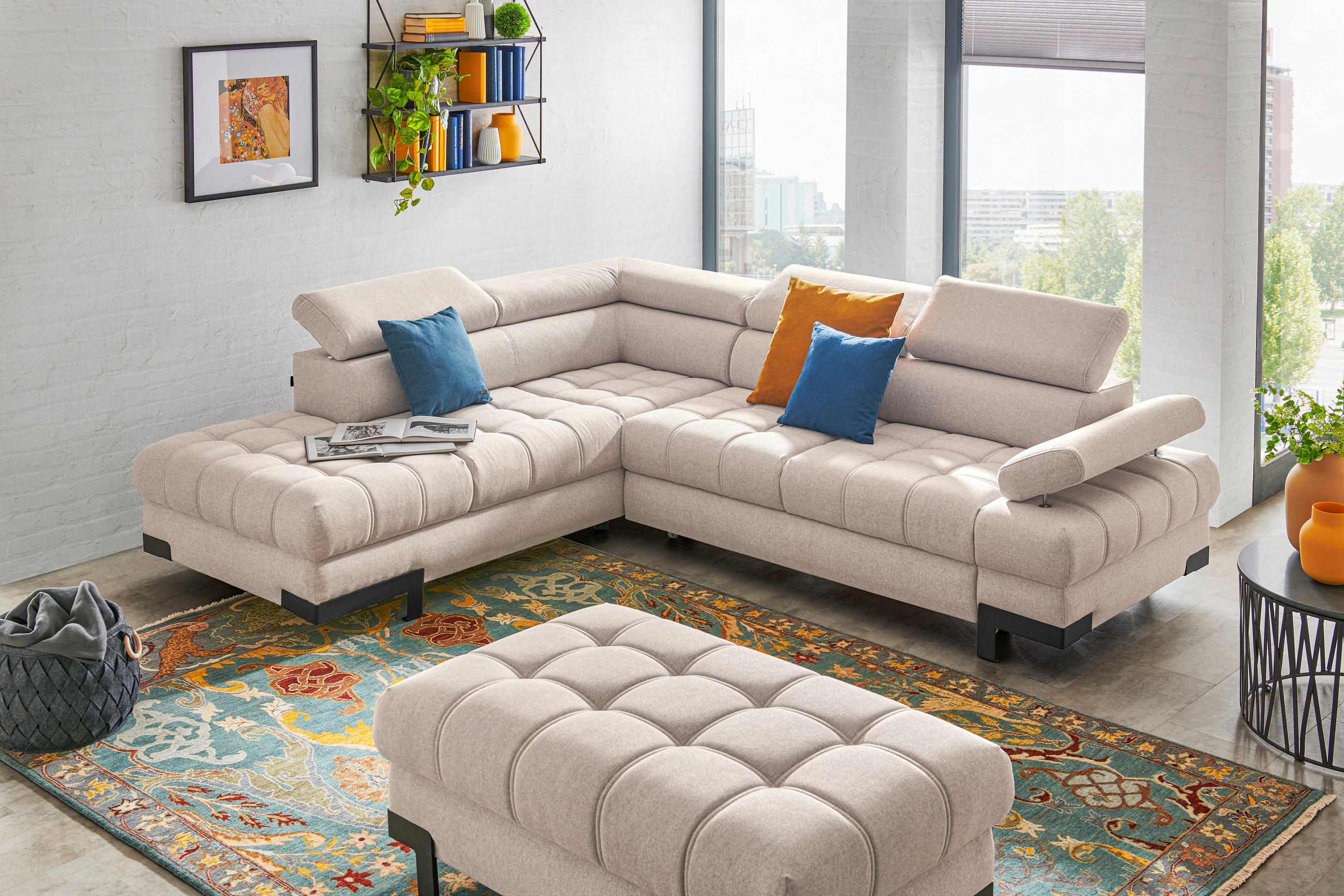 ECKSOFA Beige Webstoff - Beige/Schwarz, Design, Textil/Metall (223/263cm) - Welnova