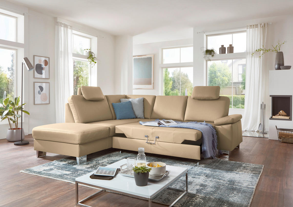 ECKSOFA  in Echtleder Beige  235/248 cm  - Beige/Alufarben, Design, Leder/Metall (235/248cm) - Beldomo Premium