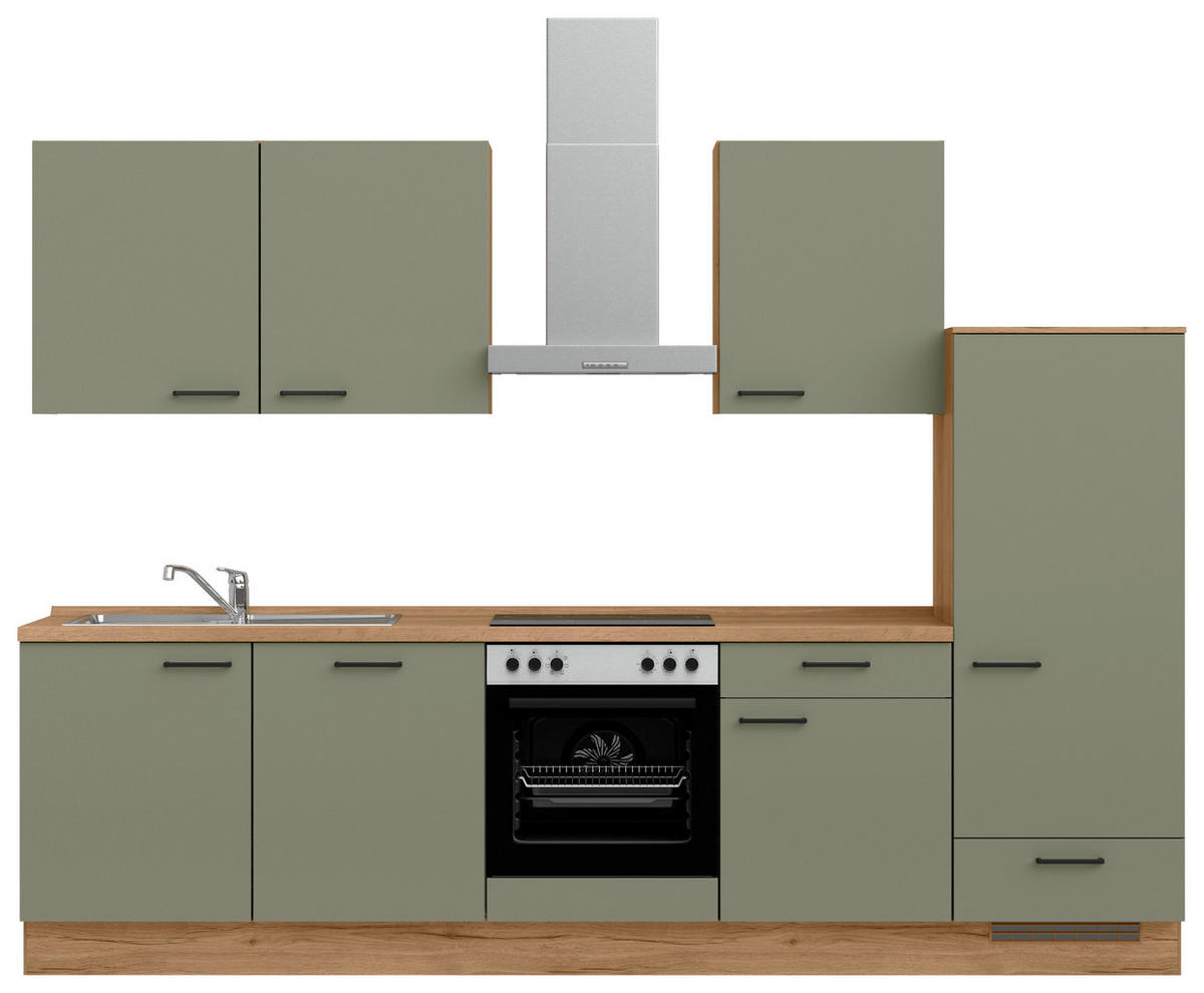 KÜCHENBLOCK Senso 300 cm  in Eichefarben, Olivgrün  - Eichefarben/Schwarz, MODERN, Holzwerkstoff/Metall (300cm) - Nobilia