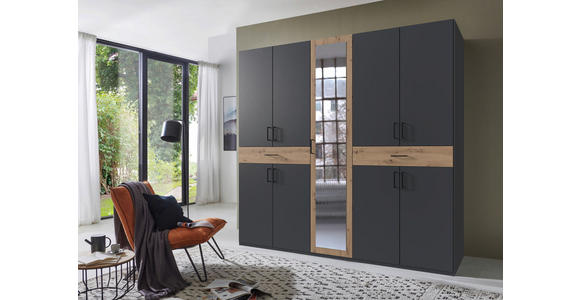 DREHTÜRENSCHRANK in Graphitfarben, Eiche Artisan - Schwarz/Graphitfarben, KONVENTIONELL, Glas/Holzwerkstoff (225/208/58cm) - Carryhome