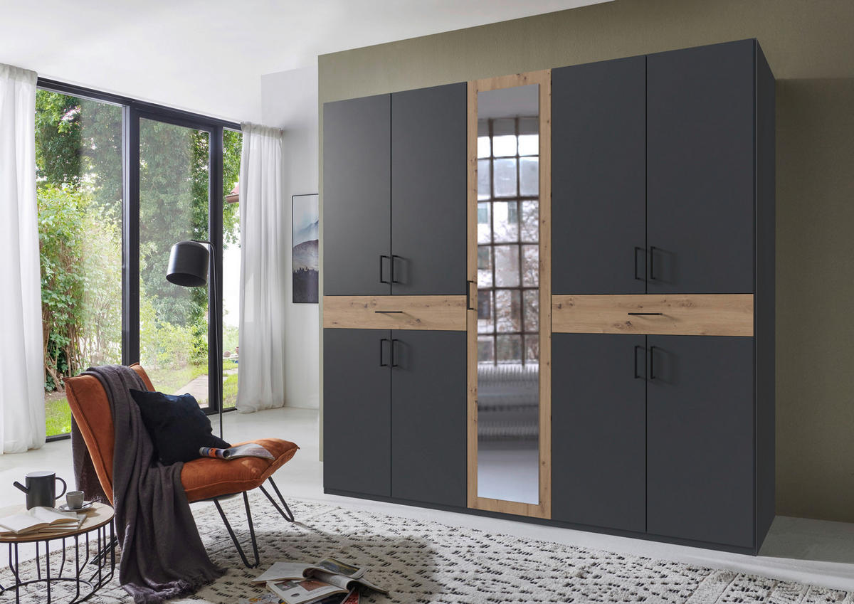 DREHTÜRENSCHRANK in Graphitfarben, Eiche Artisan  - Schwarz/Graphitfarben, Konventionell, Glas/Holzwerkstoff (225/208/58cm) - Carryhome