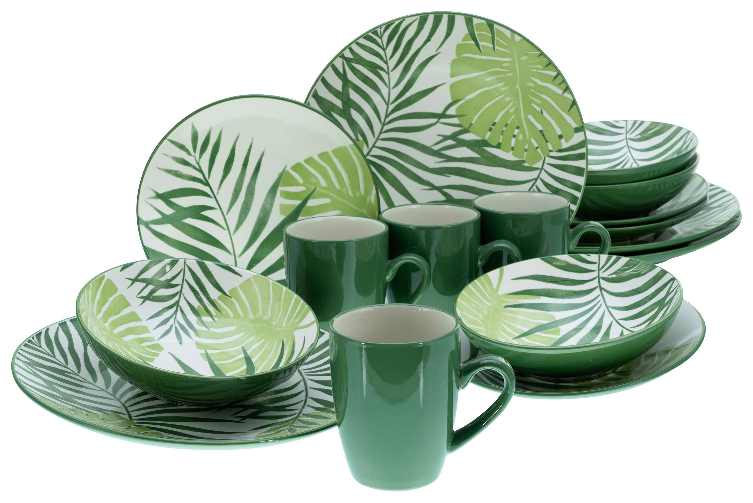 KOMBINOVANÝ SERVIS, 16-dielne, kamenina - biela/zelená, Basics, keramika - Creatable