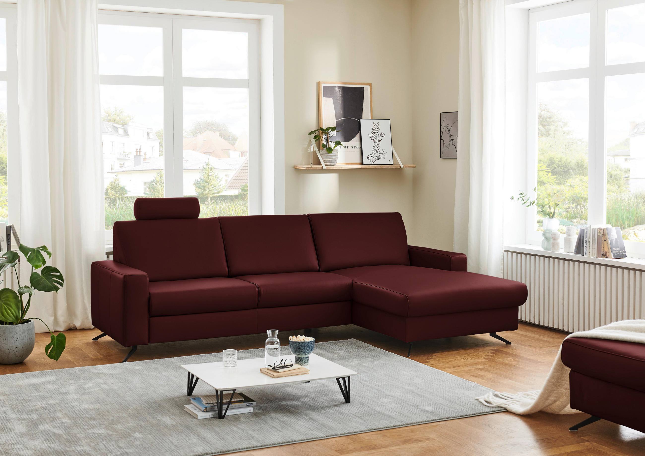 ECKSOFA in Echtleder Brombeere  - Brombeere/Schwarz, Design, Leder/Metall (267/165cm) - Lomoco