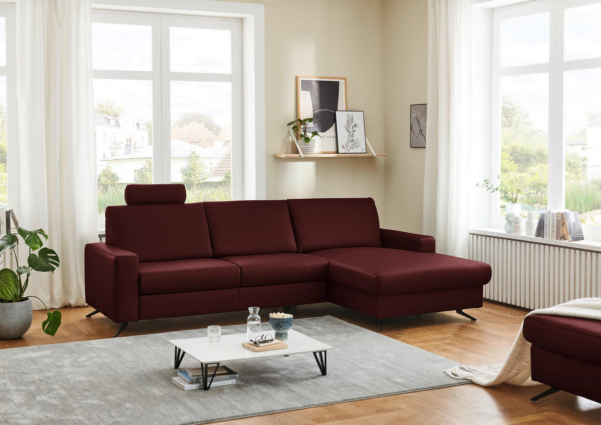 ECKSOFA in Echtleder Brombeere  267/165 cm  - Brombeere/Schwarz, Design, Leder/Metall (267/165cm) - Lomoco