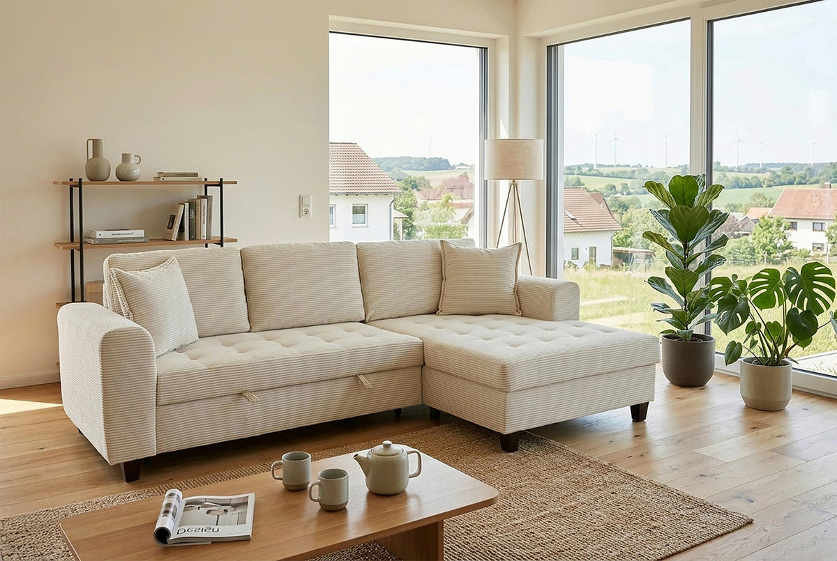 ECKSOFA MORITZ Creme Cord Zierkissen, Bettkasten  - Creme, Trend, Textil (265/155cm) - P & B