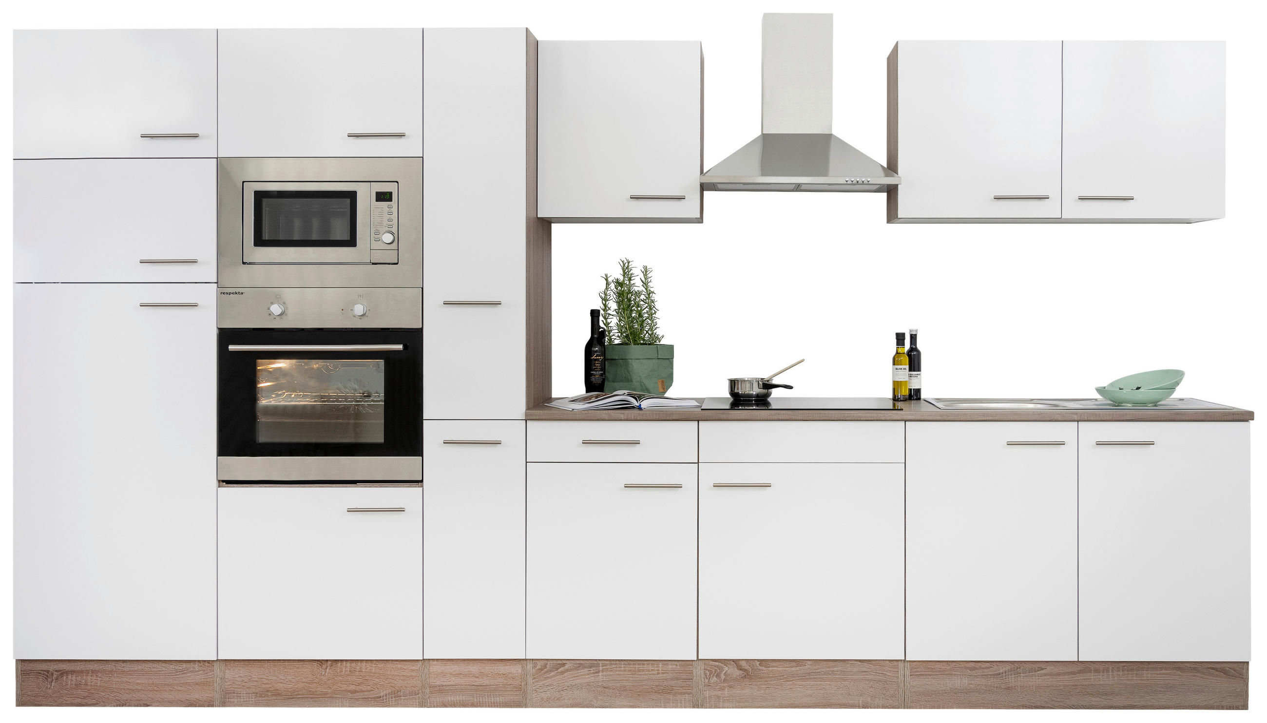 KÜCHENBLOCK 360 cm   in Weiß, Eichefarben  - Edelstahlfarben/Eichefarben, Design, Holzwerkstoff/Metall (360cm) - Respekta