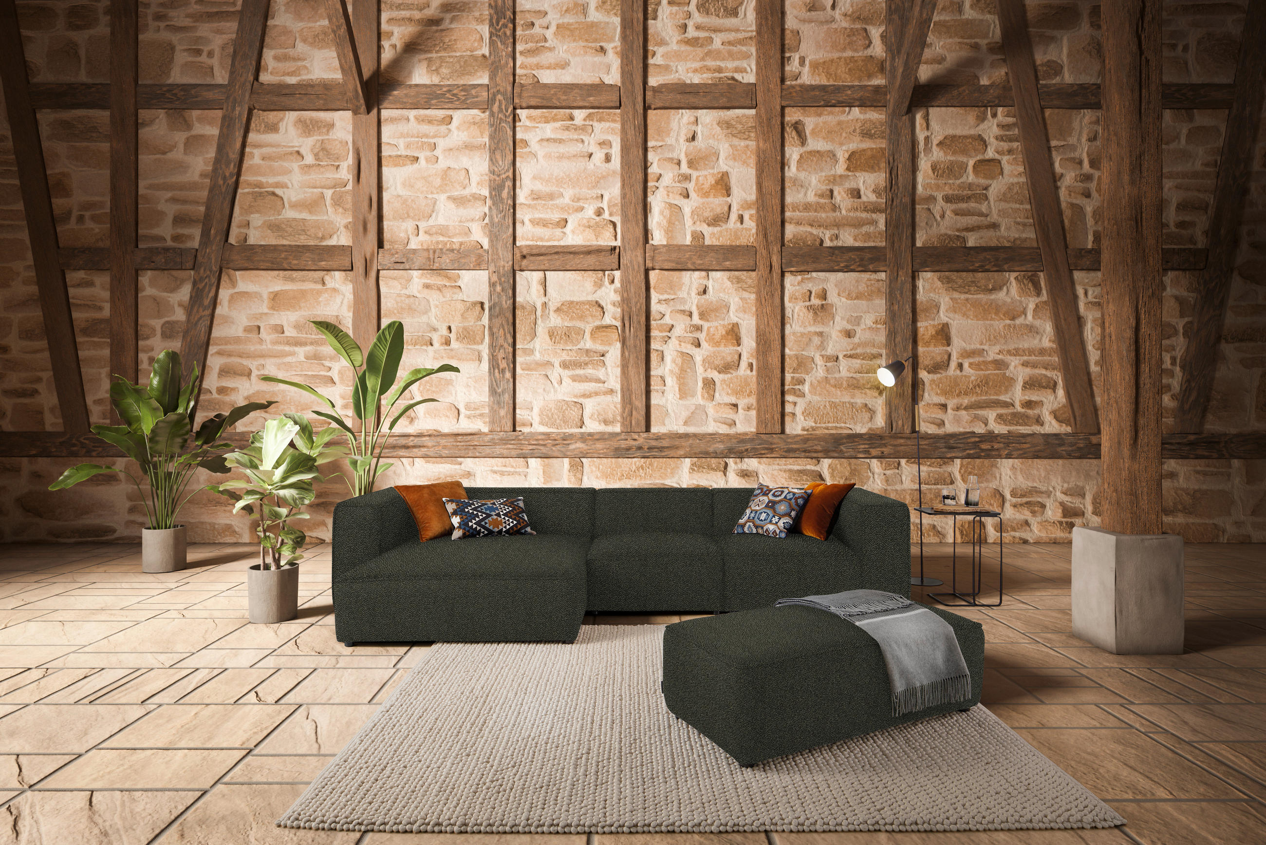 ECKSOFA in Flachgewebe Graubraun  164/341 cm  - Graubraun/Schwarz, Design, Kunststoff/Textil (164/341cm) - W.Schillig
