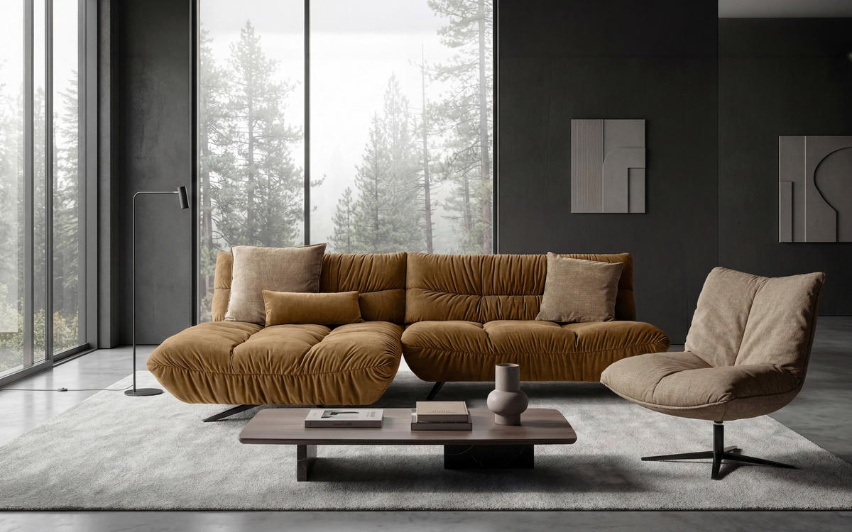 ECKSOFA Beigebraun Chenille Rücken echt, Sitztiefenverstellung  - Beigebraun/Schwarz, Design, Textil/Metall (178/295cm) - Belluti