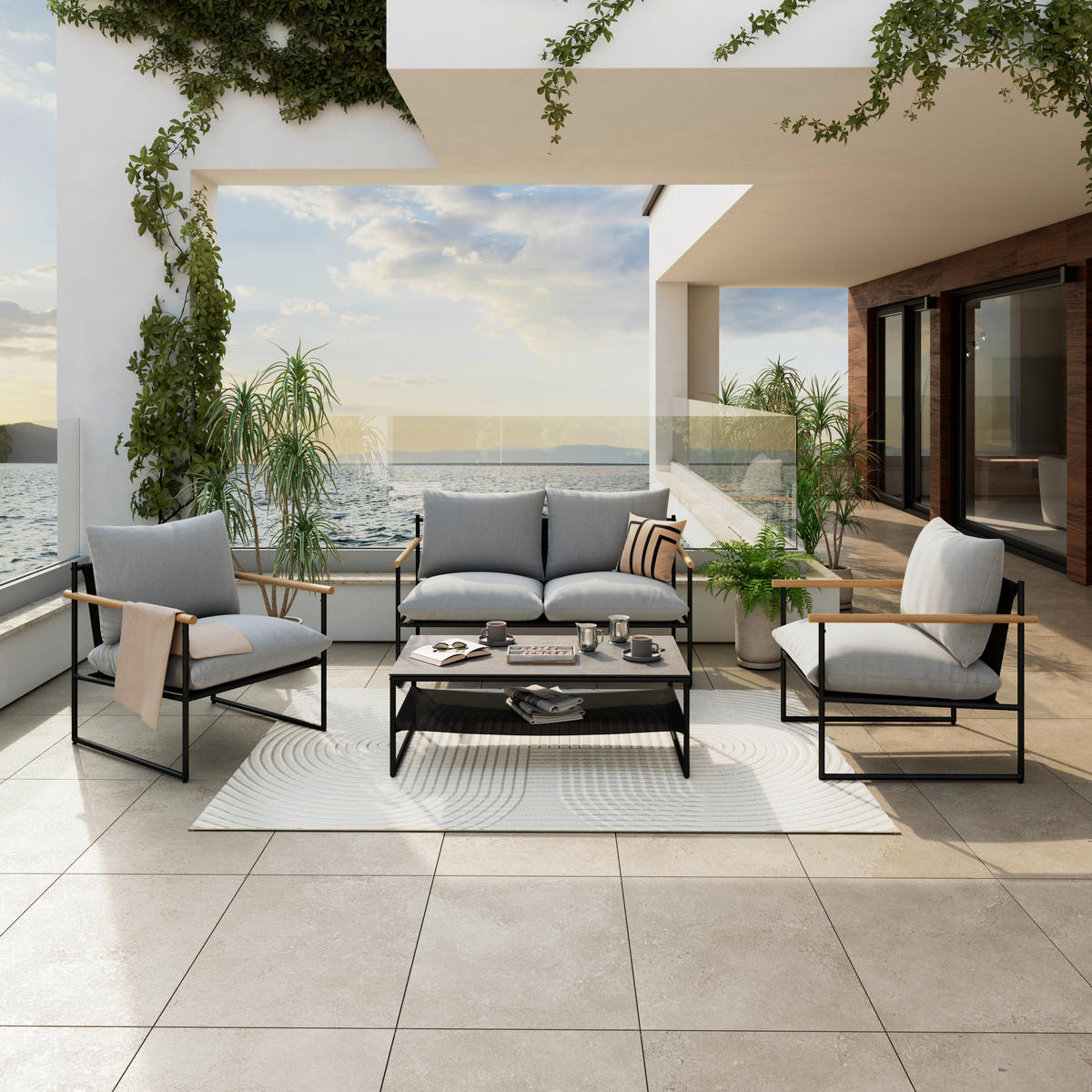 GARTENSET Webstoff Eisen  - Hellgrau/Schwarz, Design, Glas/Textil - Ambia Garden