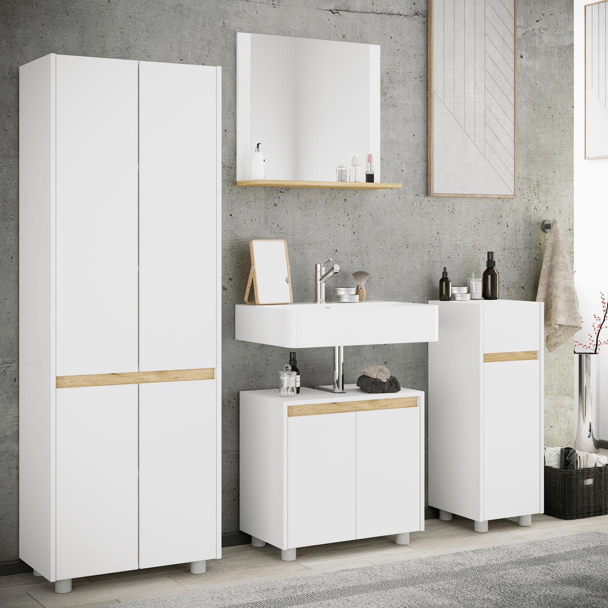 BADEZIMMER 4-teilig  in 154 cm  - Honigeiche/Silberfarben, Trend, Holzwerkstoff/Kunststoff (154cm) - MID.YOU
