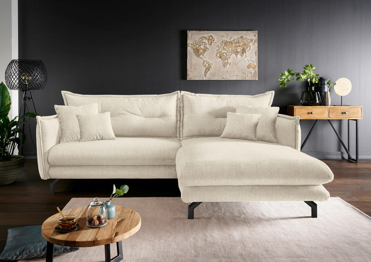 ECKSOFA in Velours Beige  255/180 cm  - Beige/Schwarz, MODERN, Textil/Metall (255/180cm) - Livetastic