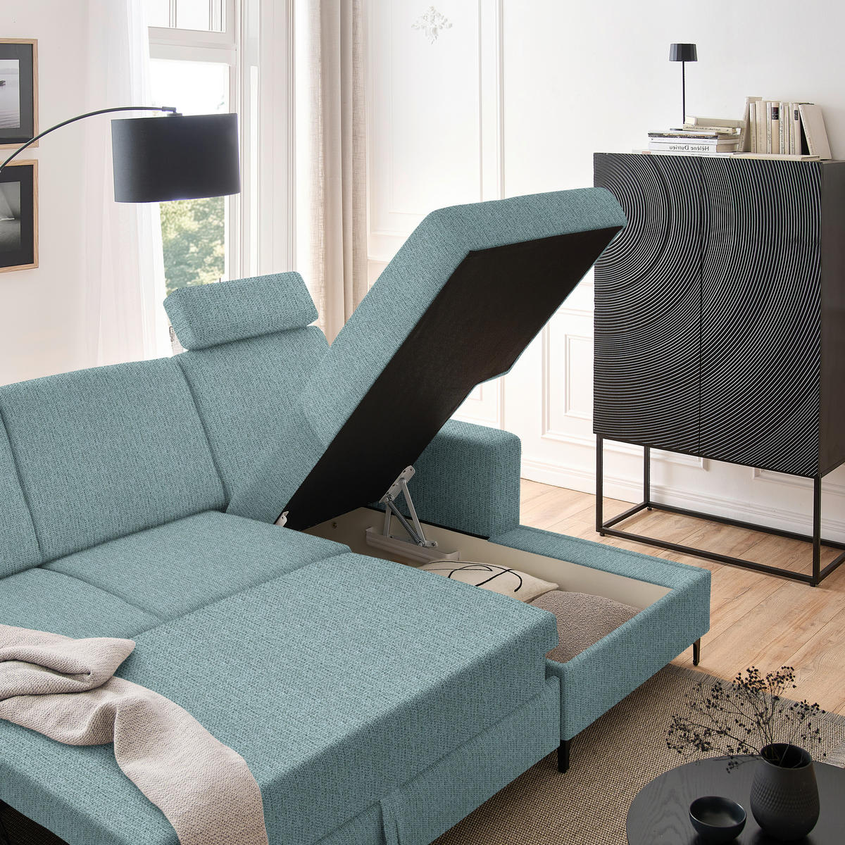 ECKSOFA in Webstoff Mintgrün  - Schwarz/Mintgrün, Konventionell, Textil/Metall (247/167cm) - Stylife