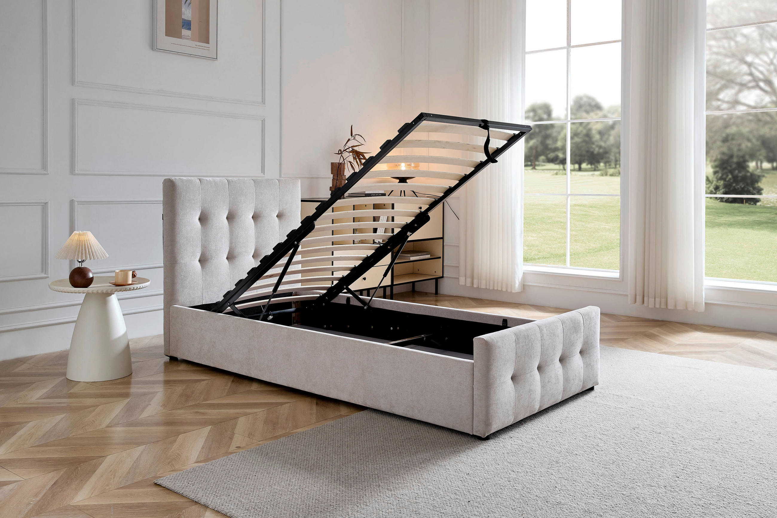POLSTERBETT gepolstertes Kopfteil, Lattenrost, Bettkasten 90/200 cm  in Beige  - Beige/Schwarz, Design, Holz/Kunststoff (90/200cm) - Boxxx