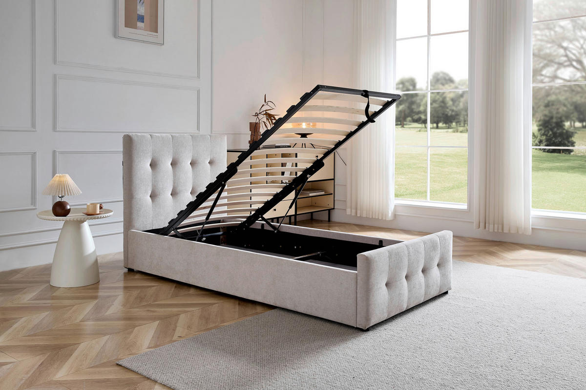 POLSTERBETT gepolstertes Kopfteil, Lattenrost, Bettkasten 90/200 cm  in Beige  - Beige/Schwarz, Design, Holz/Kunststoff (90/200cm) - Boxxx