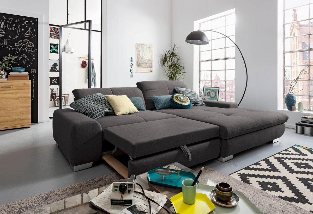 ECKSOFA Dunkelgrau Flachgewebe  - Chromfarben/Dunkelgrau, Design, Textil/Metall (276/198cm) - SetOne by Musterring