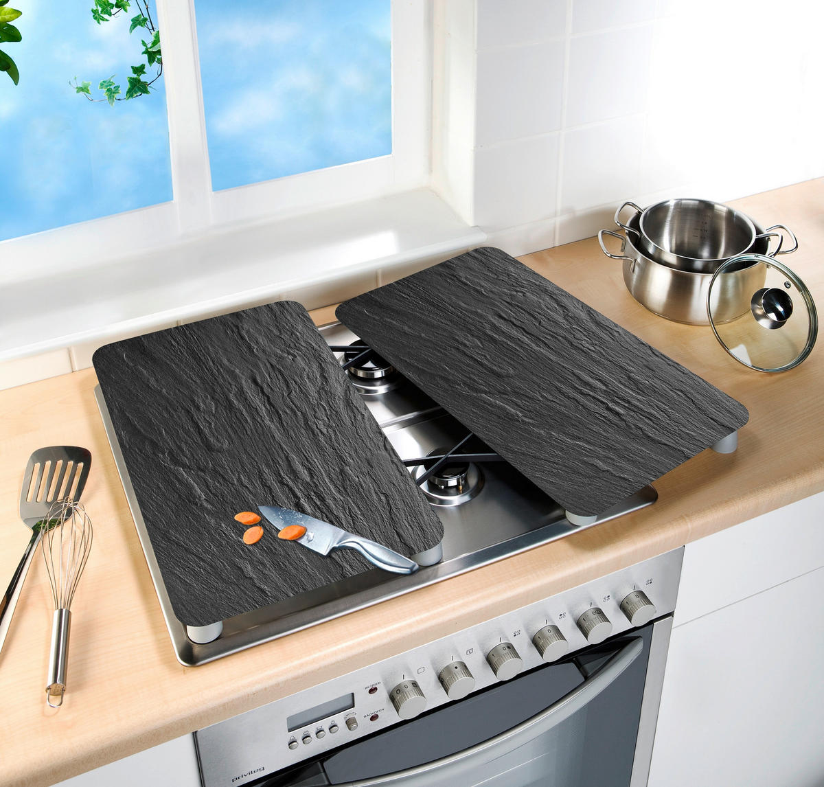 HERDABDECKPLATTE  - Schieferfarben, Design, Glas/Kunststoff (30/1,8-4,5/52cm) - Wenko