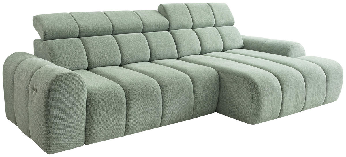 ECKSOFA Salbeigrün Chenille Bettkasten, Rücken echt, Kopfteilverstellung, Sitzvorzug  - Salbeigrün/Schwarz, Design, Kunststoff/Textil (290/152cm) - Stylife