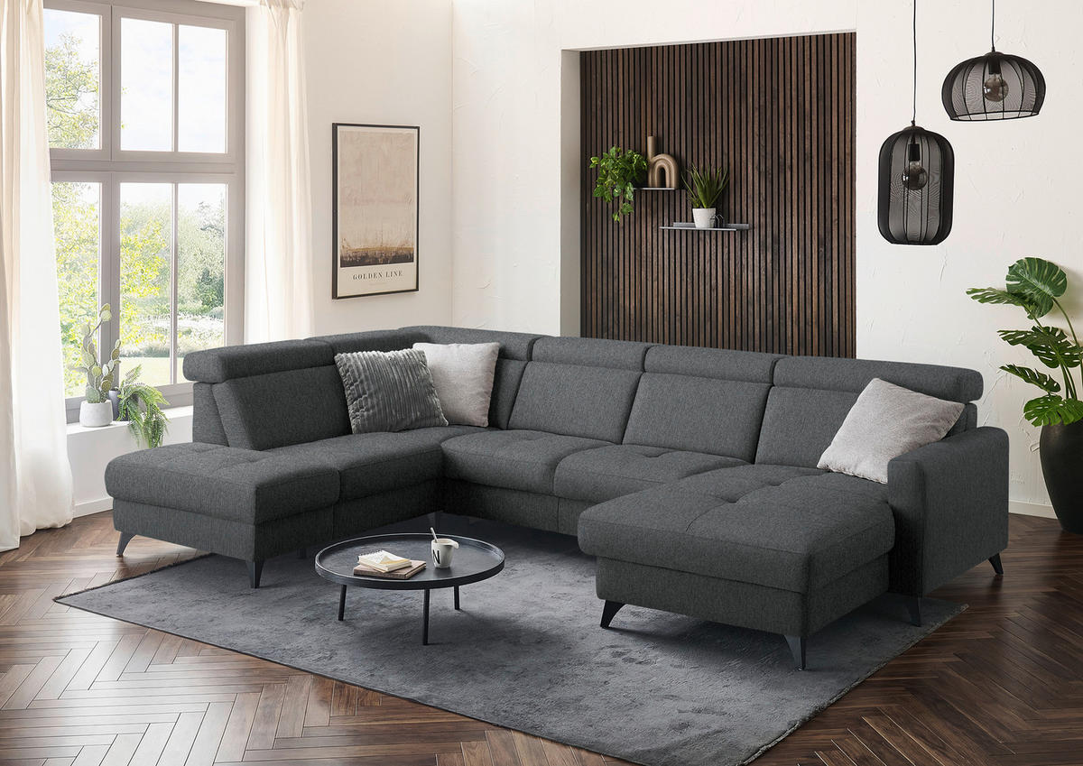 WOHNLANDSCHAFT Flachgewebe Dunkelgrau  - Dunkelgrau/Schwarz, Konventionell, Textil/Metall (215/333/174cm) - Beldomo System