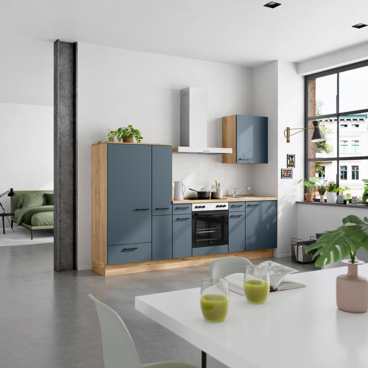 KÜCHENBLOCK Easytouch 270 cm  in Blau, Eichefarben  - Blau/Eichefarben, MODERN, Holzwerkstoff/Metall (270cm) - Nobilia