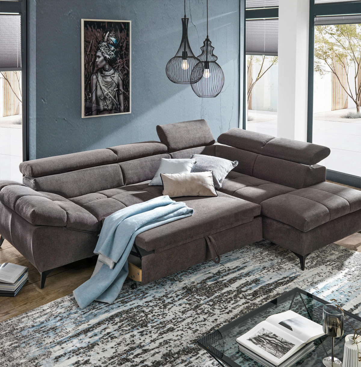 SEDEŽNA GARNITURA, mikrovlakna sivorjava  - črna/sivorjava, Design, umetna masa/tekstil (279/210cm) - Stylife