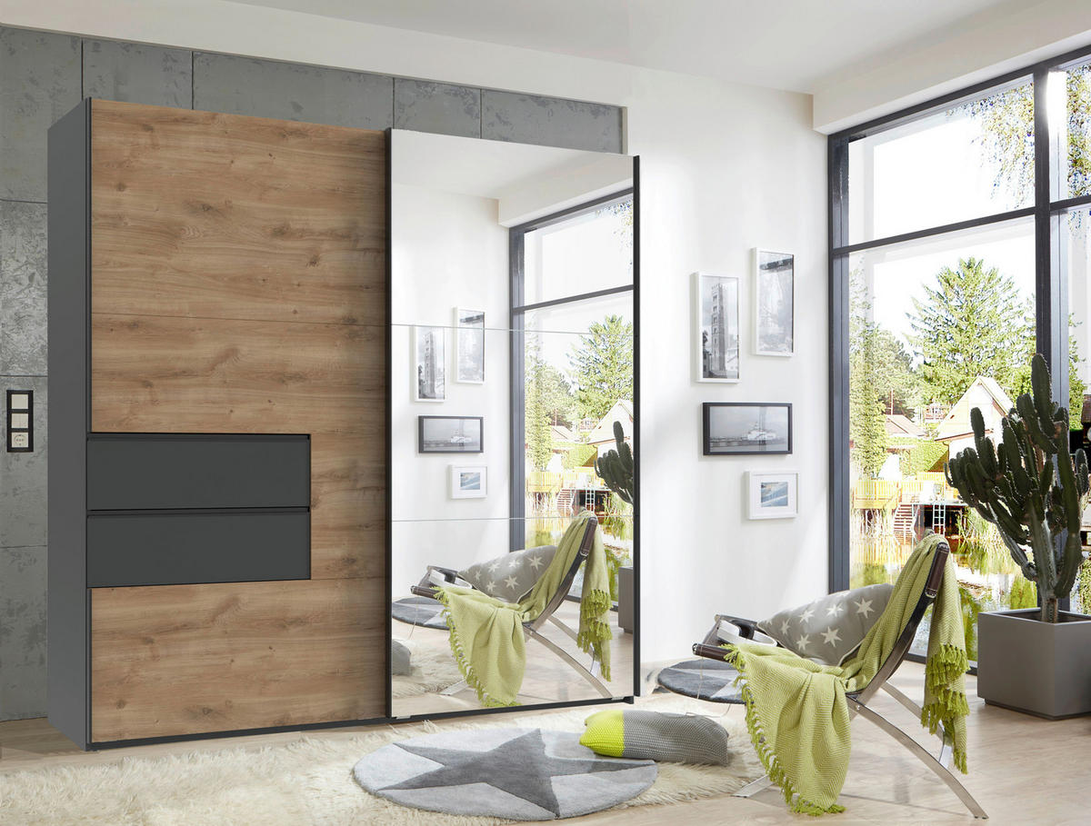 SCHWEBETÜRENSCHRANK 2-türig Graphitfarben, Eichefarben  - Eichefarben/Schwarz, Design, Glas/Holzwerkstoff (200/216/65cm) - Stylife