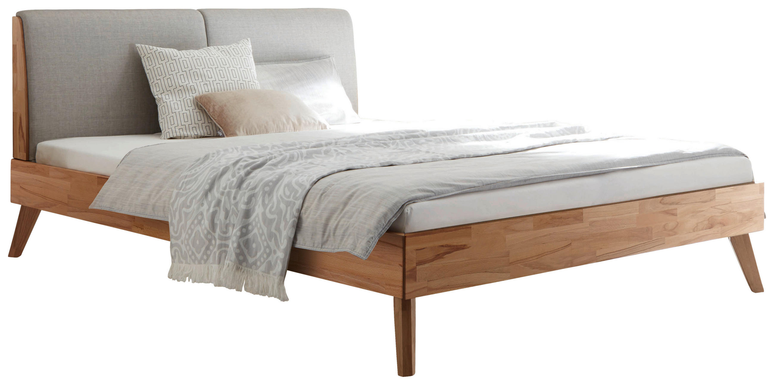 BETT 160/200 cm,  in Hellgrau, Kernbuche,  - Hellgrau/Kernbuche, Natur, Holz (160/200cm) - Hasena